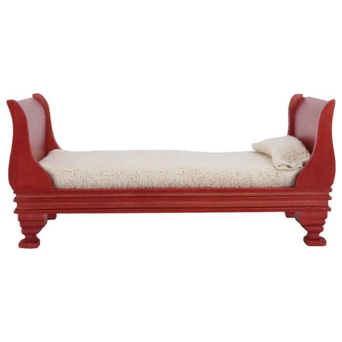 Lit Miniature En Bois Rouge 1:12 Pour Maison De Poupée - Meuble Vintage - Décoration Chambre Poupée - 7