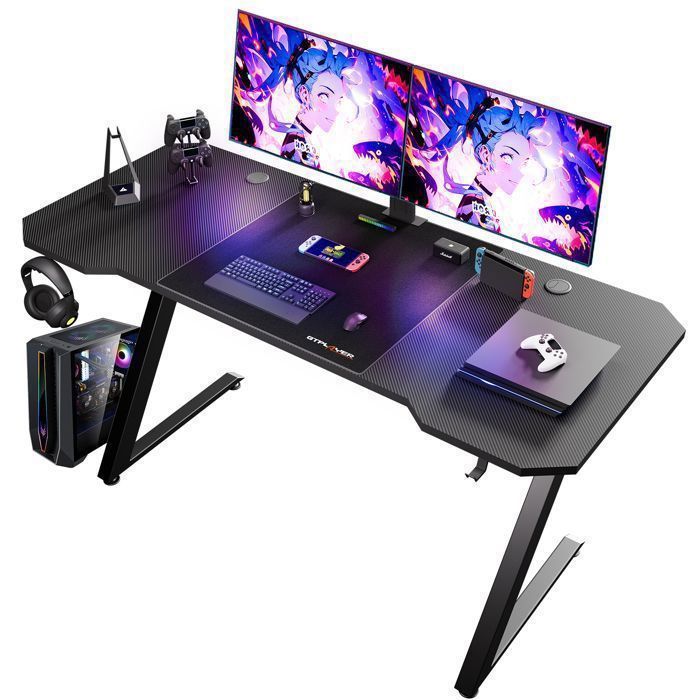 Bureau Gaming - GTPLAYER - 120x60 cm - Plateau fibre de carbone antidérapant - Pieds acier en Z - Accessoires inclus