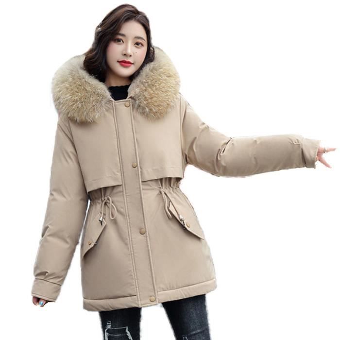 Petalum Manteau Long Femme Hiver Veste Matelassée Rembourrée Coton Casual Parka à Capuche Fausse Fourrure Epaisse Chaude Thermique Longueur Genou