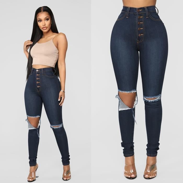 Jeans Slim Femme KJEHOME Taille Haute Bleu Dechire Degrade Bleu Cdiscount Pret a Porter