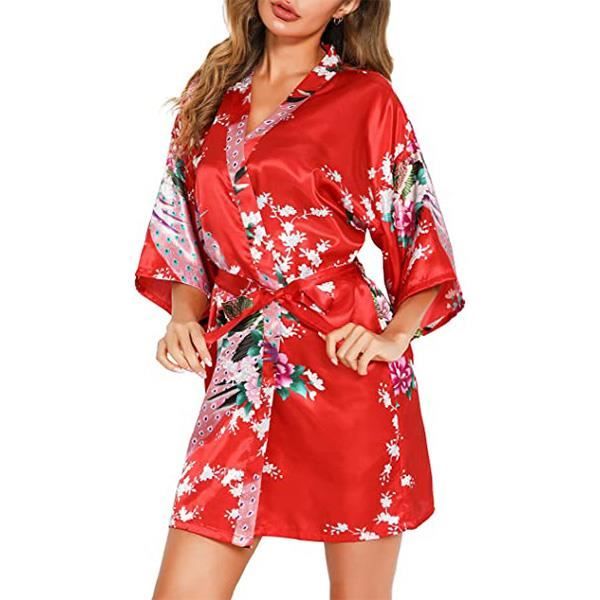 Kimono Japonais Femme Mariage Satin Court Peignoir Bride Paon Kimono