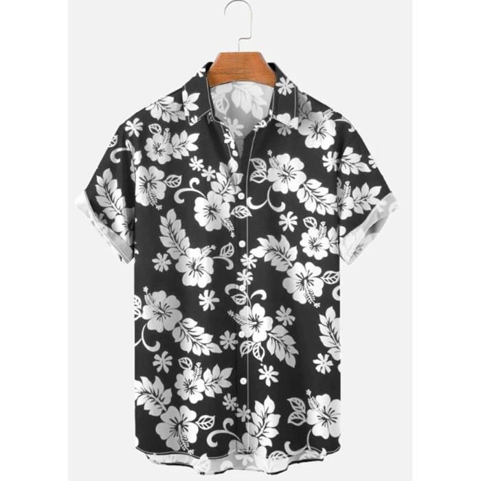Chemise Hawaïenne Homme - Motif Feuilles Et Cerfs Sur Fond Noir Et Vert - Manches Courtes - Viscose Rayonne - Neuf