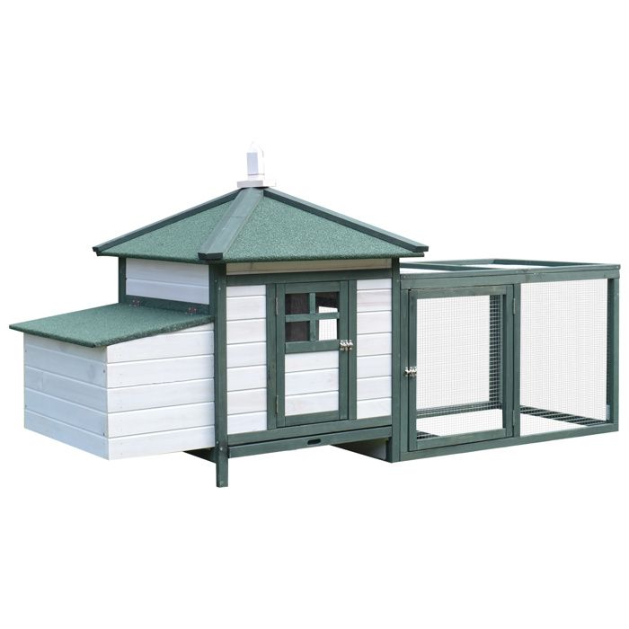 Poulailler - PawHut - cottage perchoir rampe pondoir enclos tiroir déjection - bois pin - 196x76x97cm - vert blanc