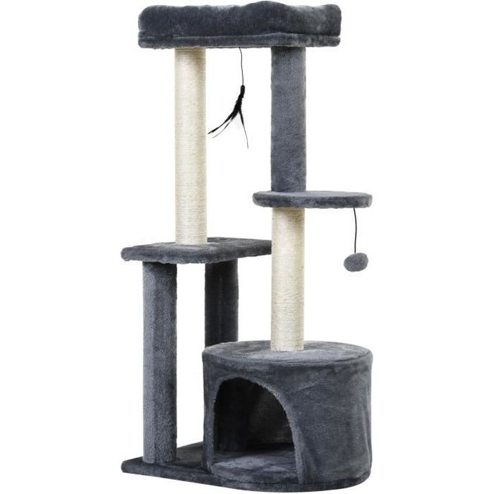 pawhut arbre à chats avec griffoirs grattoirs sisal naturel centre d'activités niche plateformes 2 jouets suspendus gris