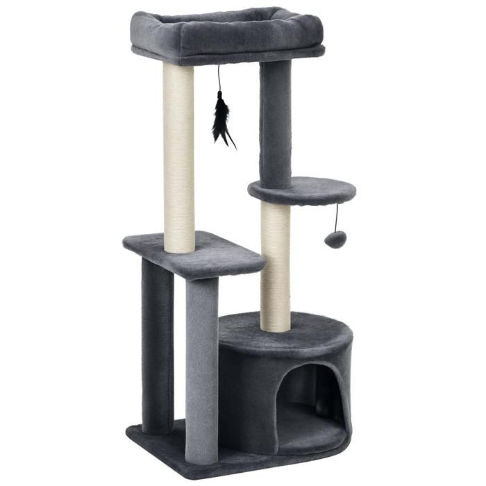 Arbre à chats - PawHut - griffoirs grattoirs centre dactivités niche plateformes 2 jouets suspendus - sisal naturel - gris