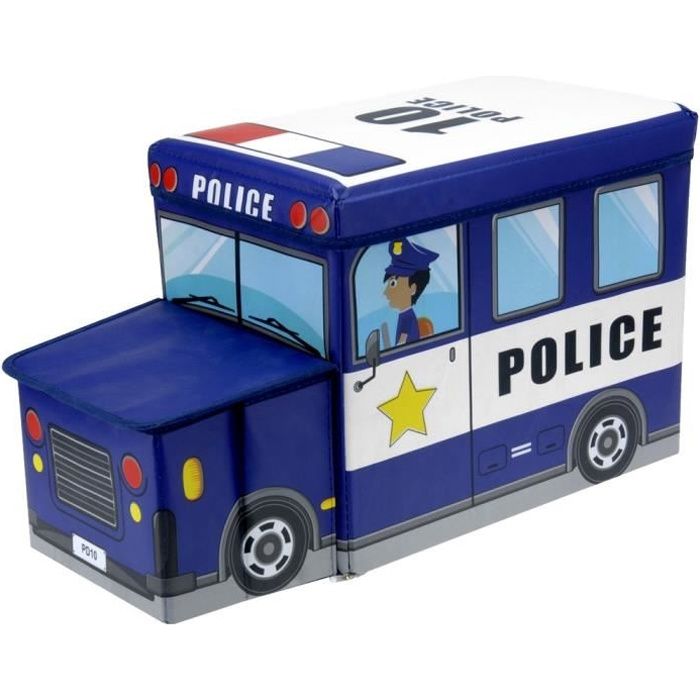 pouf tabouret coffre de rangement enfant forme voiture de police bleu