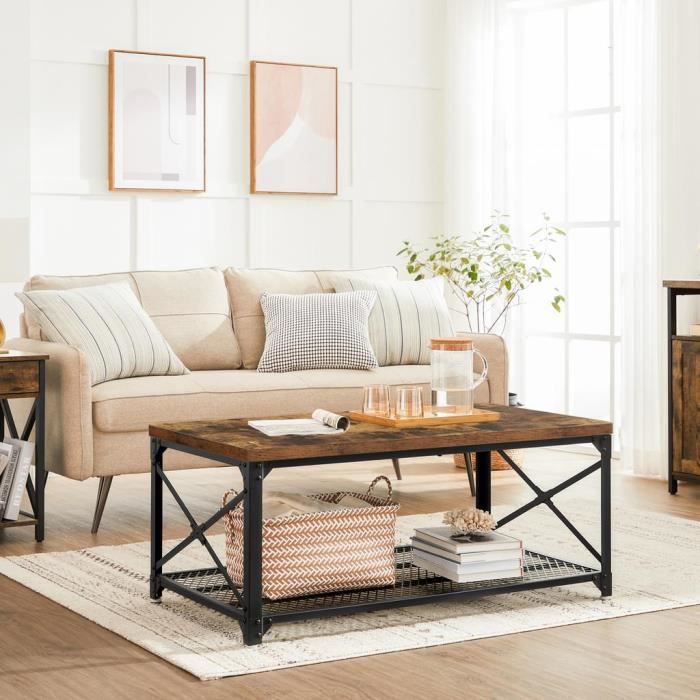 VASAGLE Table basse, avec étagère de rangement, cadre en acier, style industriel, Marron