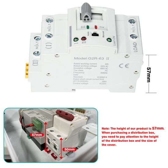 Commutateur De Transfert Automatique DEWIN 63A - 2P, 220V, Rail DIN - Pour Alimentation Secours Groupe Électrogène