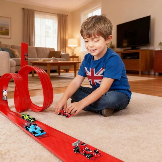 Piste De Voiture Flexible 5 Mètres – 4 Voitures En Alliage, Ventouses, Boucles Et Sauts – Jouet 3 Ans Et Plus