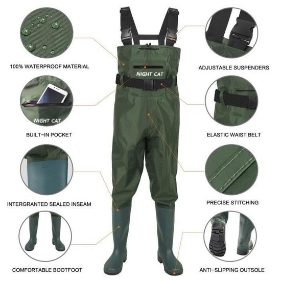 Cuissardes Pêche Night Cat Enfants – Imperméables Respirantes, Bottes PVC Antidérapantes, Tailles 4 à 13 Ans