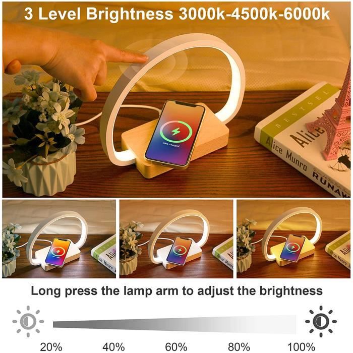 Lampe de chevet chargeur sans fil, lampe de table tactile avec port USB,  lampe de bureau LED avec 3 niveaux de luminosité et gradation en continu