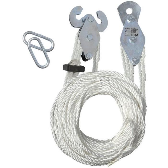 Palan Manuel à Corde Nylon 20m - Capacité 180kg Avec Poulies Plastique Et Crochets Sécurité