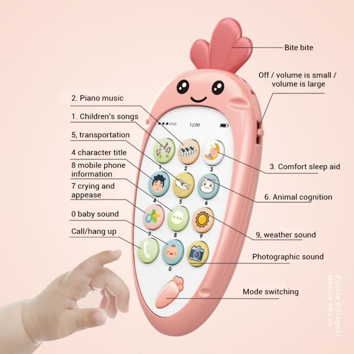 ZERONE Téléphone musical carotte mignon pour bébé - apprendre le bilingue, jouet éducatif