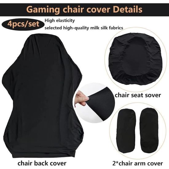 Housse Chaise Gaming 4 Pièces – Noir, Extensible, Lavable, Antidérapante Pour Fauteuil Bureau