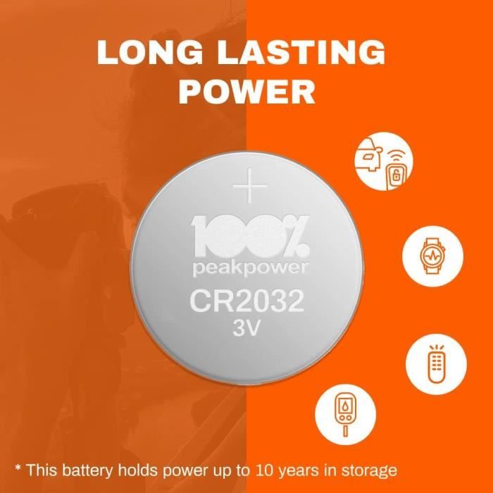 Piles CR2032 - Lot de 10 Piles | 100% PeakPower | Batterie Lithium 2032 3v  - Longue durée[21]