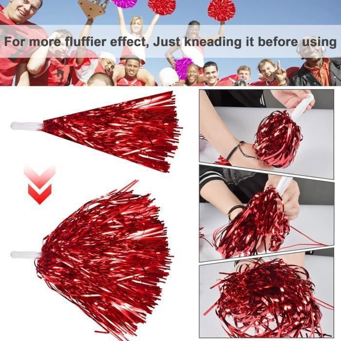 Lot De 4 Pompons De Pom-pom Girl Rouge Métallisé - Poignée Plastique, Pour Sport, Compétitions, Fêtes Et Carnavals - 8