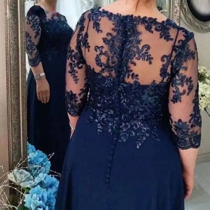 Robe Robe mere de la mariee elegante bleu marine en mousseline de soie grande taille manches 3 4 avec des appliques MULTI C3334 Blanc Cdiscount Pret a Porter