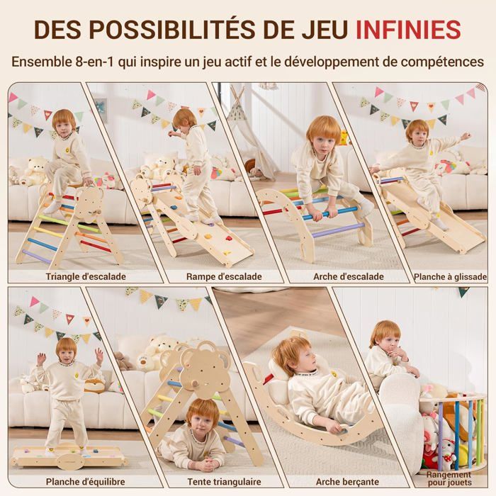 Triangle D’Escalade Montessori COSYLAND 8-en-1 – Bois Massif, Pliable, De 1 à 6 Ans