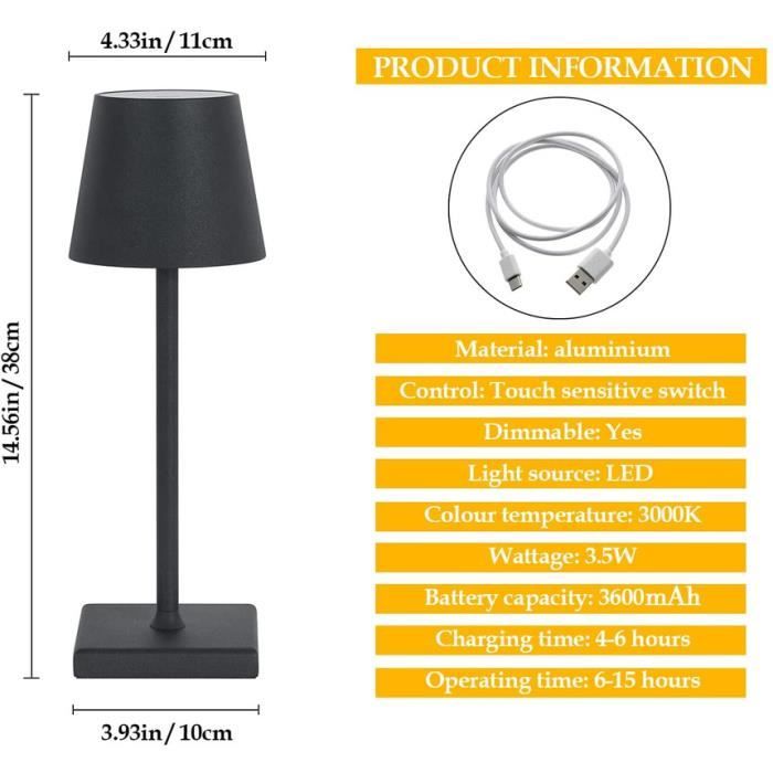 Lampe de table sans fil rechargeable USB noire Livia
