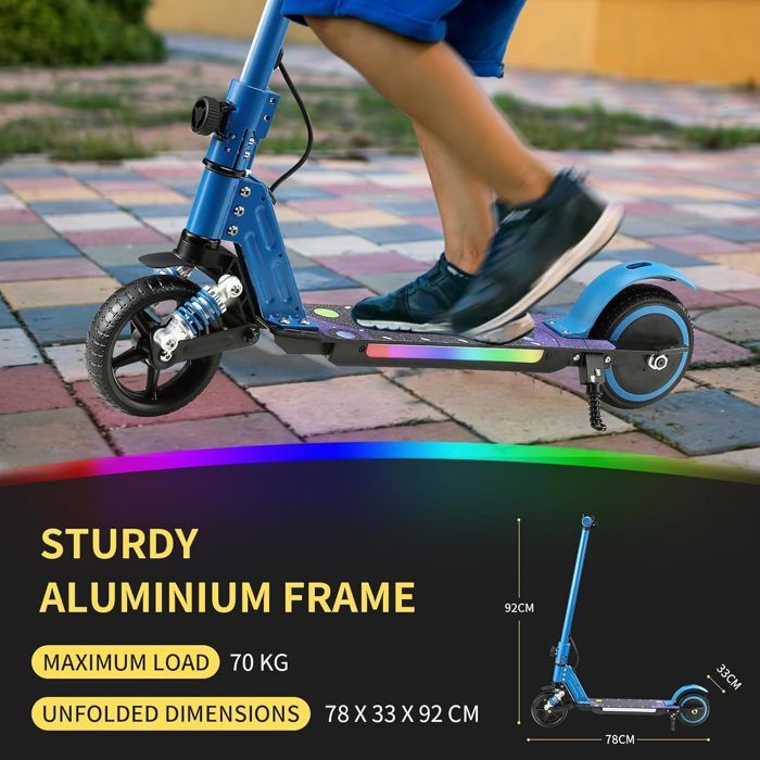 Trottinette Électrique Enfants KHHK - 130W, 14km/h, Pliable, LEDs - Pour 6-14 Ans, Charge 70kg
