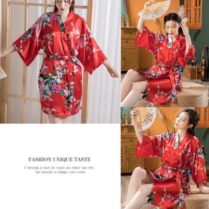 Kimono Japonais Femme Mariage Satin Court Peignoir Bride Paon Kimono Mariage Peignoir Bridesmaid Chemise de Nuit Rouge Blanc Cdiscount Pret a Porter