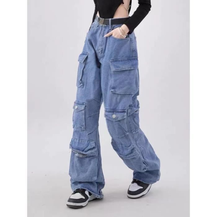 Jean Cargo Fille Taille Haute Jambes Ultra Larges – Pantalon Ample En Jean Denim Confortable 2-15 Ans (Bleu)