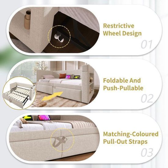 Canapé-lit Convertible Oxtao 2 Places (90x190 Cm) Avec Lit Gigogne Et Accoudoirs USB/Type-C - Tissu Lin Et Coton Beige