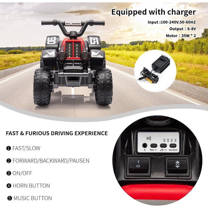 Quad Électrique Enfant 6V – LED, Musique, Klaxon – 1,8 Km/h – Démarrage Facile – ATV 3+ Ans