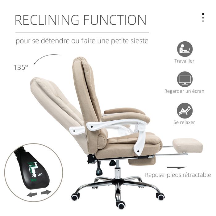 Chaise De Bureau Pivotante Design – Rembourrage Chenille Beige, Hauteur Réglable, Accoudoirs, Roulettes, 61x56x76-86 Cm