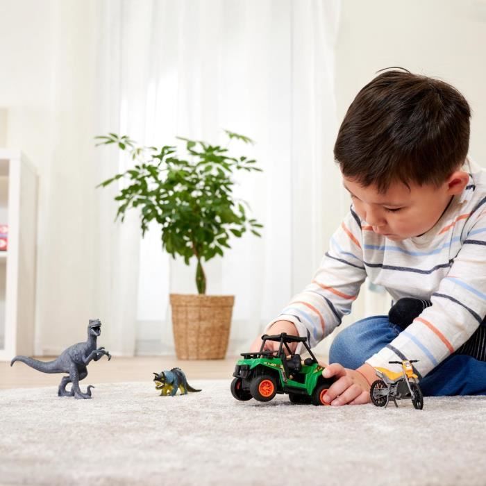 Dickie Toys – Coffret Dino Commander – Jeep Wrangler + Remorque, 2 Dinosaures, Figurine Articulée – Sons Et Lumières – Dès 3 Ans