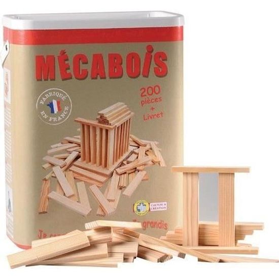 Mécabois - Baril de 200 pièces - Jeux de constructions planchettes en bois - Fabriqué en France