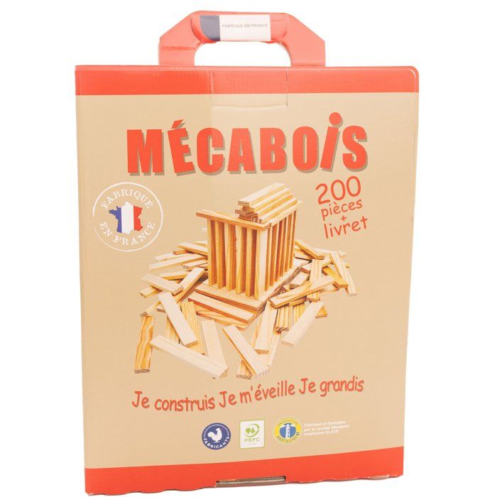 Jeu de construction en bois MÉCABOIS 200 planchettes pin naturel lisses Baril Fabriqué en France Neuf - vue 3