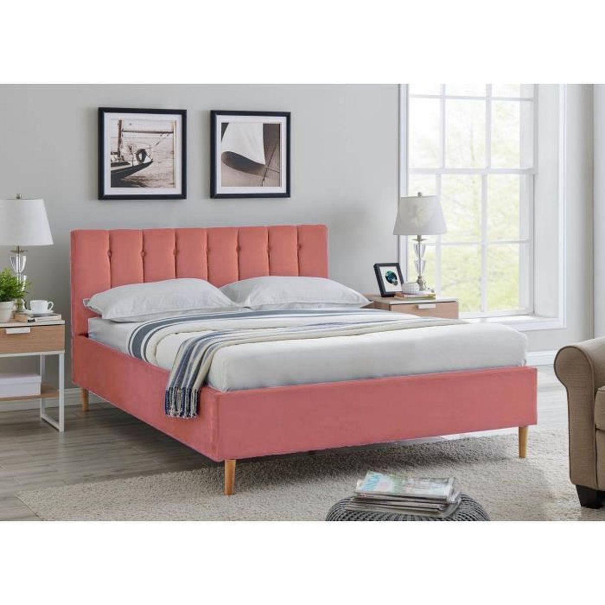 Lit Double Capitonne En Tissu Velours Rose 140x190 Cm Valentina