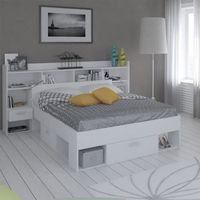 Tête de lit avec rangements et Leds Blanc - ARA - Bois - L 221 x l 37 x H 108 cm