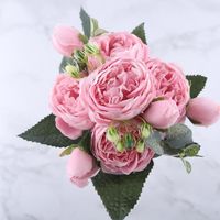 Rose - Bouquet de fleurs artificielles roses, 5 têtes et 4 bourgeons, 30 cm, pivoines en soie, bon marché pou