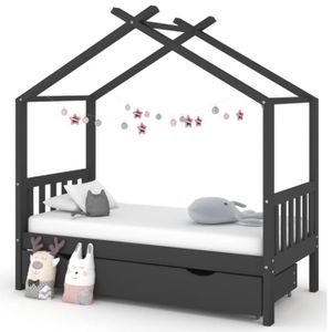 STRUCTURE DE LIT Cadre de lit d'enfant avec un tiroir - FYDUN - Gris foncé - Pin - 80x160 cm - A lattes - Bois massif