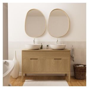 SALLE DE BAIN COMPLETE Ensemble meuble double-vasque 120 cm chêne naturel + 2 vasques + 2 robinets + 2 miroirs ALASKA