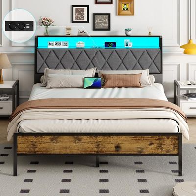 Lit 140x190 Avec Sommier En Métal. Lit 2 Personnes Avec Lumière Led Et Multiprises, Facile à Assembler, 30 Cms D Espace De Rangement, De Couleur Noir Et Marron Vintage - Ameublement