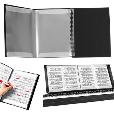 Classeur De Partitions A4 Doré - 20 Poches/40 Pages - Avec 10 Repères En Forme De Note - Spirale 180°