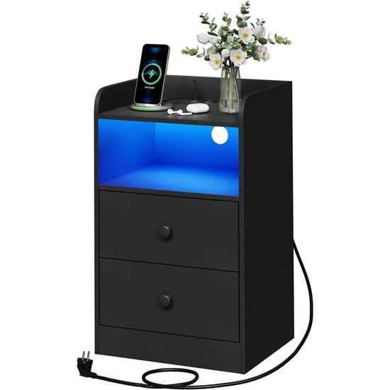 Lot De 2 Tables De Chevet Avec Multiprise Et Lumière LED - 3 Tiroirs, 2 Prises CA + 2 USB - Blanc, 60x30x66.6 Cm - Pour Chambre, Salon - 5