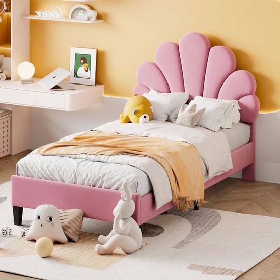Lit Enfant Fille 90x200CM avec LED, Tête de Lits Réglable en Hauteur en Lit Enfant Fille 90x200CM avec LED, Tête de Lits Réglable en Hauteur en