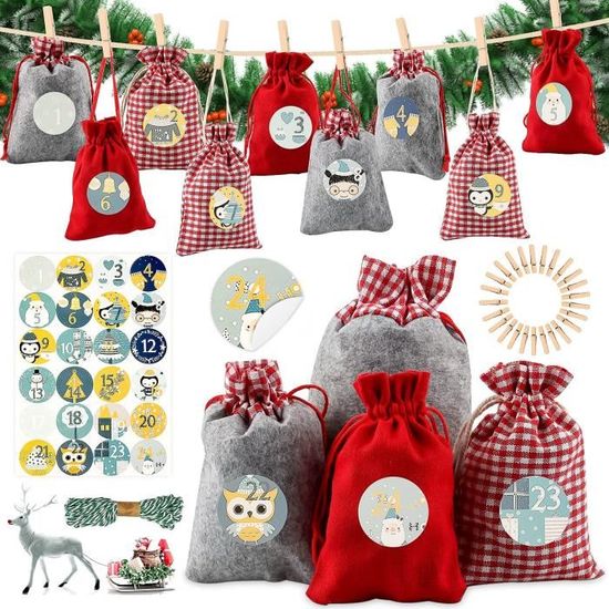 Calendrier De L'Avent DIY - 24 Sacs En Tissu - 15,5x10 Cm - Ficelle Et Piquets Inclus - À Remplir Soi-même