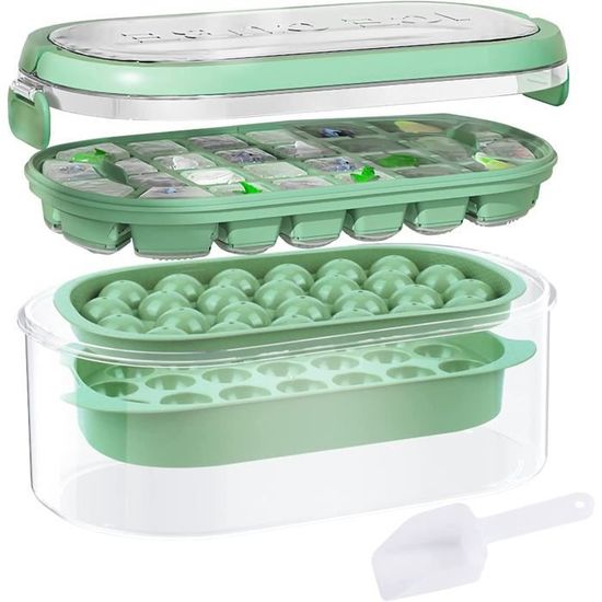 Bac à Glaçons Avec Couvercle Amoilly - 2 Moules En Silicone, Capacité 48 Glaçons - Système Presse Pour Démoulage Facile