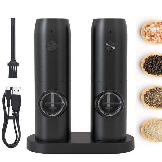 Moulin à Poivre Et Sel Électrique Rechargeable - Broyeur 2 En 1 LED, Réglable, Grande Capacité 2x100ml - Noir