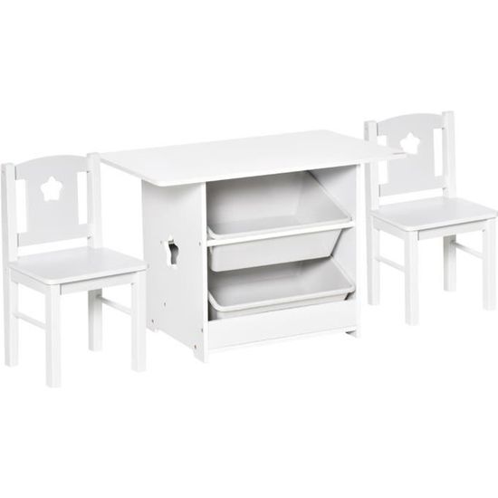 Ensemble table et chaises enfant - set de 3 pièces + 2 bacs amovibles - table étagère pour jouets 2 en 1 - MDF PP blanc gris