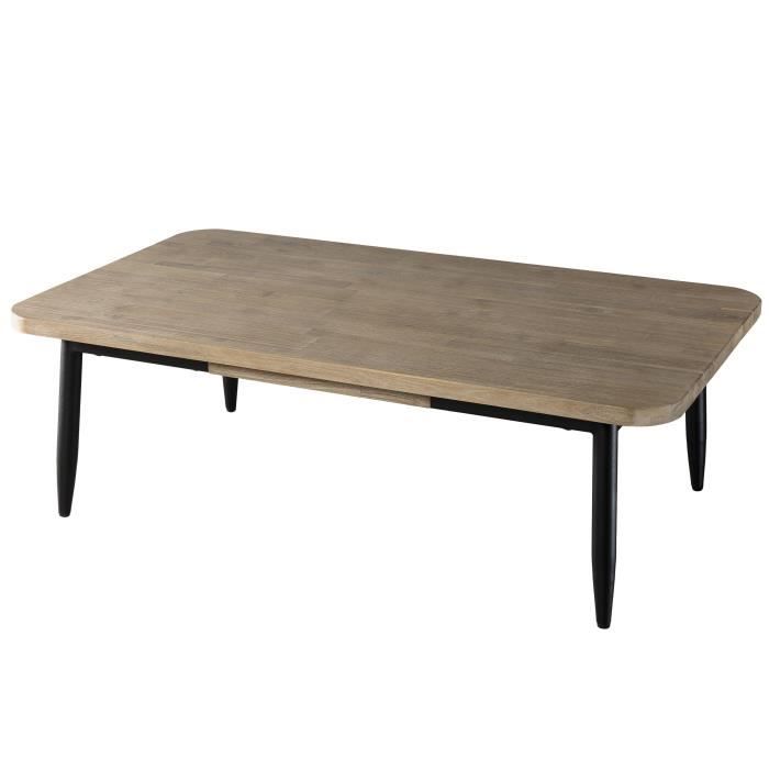 Table basse scandinave en bois acacia massif décor chêne clair cérusé + pieds en métal noir - L 120 x l 70 cm