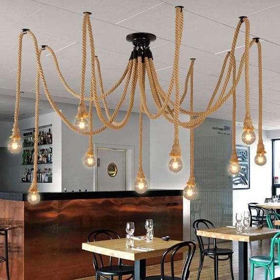 10 Tête Lustre Suspension Araignee Industrielle Lampe Corde de Chanvre Plafonnier Luminaire pour Restaurant Hôtel