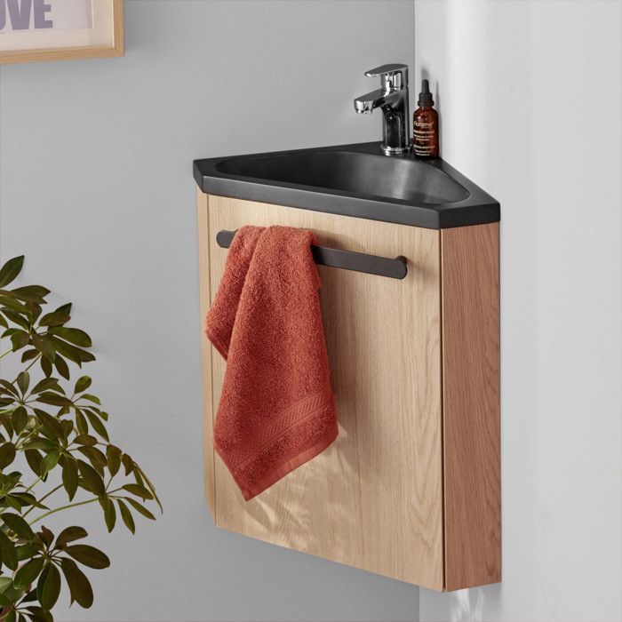Meuble lave-mains d'angle décor chêne vasque noire SKINO avec robinet chromé