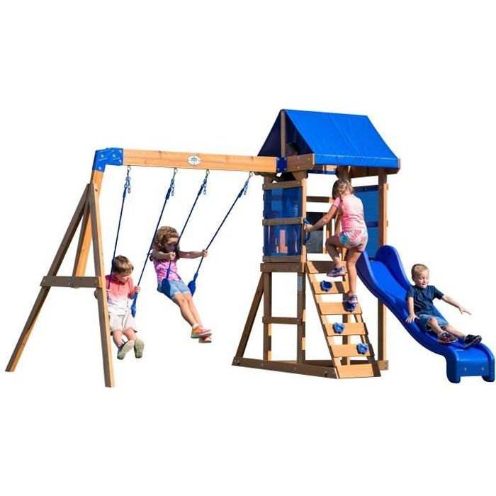 Backyard Discovery Aurora aire de jeux en bois | Avec balançoire / toboggan / bac de sable / échelle | Maison enfant exterieur
