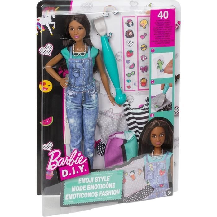 Coffret Barbie Brune Emoji Style : Comprend 1 Poupée 3 Habits Et des Décalcos + Accessoires - Poupee Mannequin